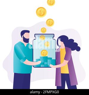 Geldverwaltungskonzept. Geschäftsleute investieren Geld in ein neues Startup-Projekt. Team steckt Bargeld in den Glasbehälter. Startkapital, Finanzplanung, Stock Vektor