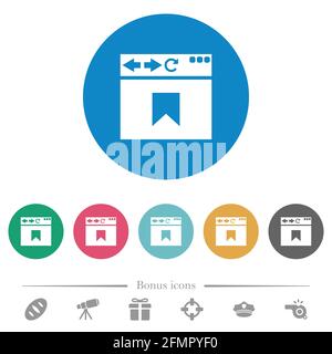 Browser-Lesezeichen flache weiße Symbole auf runden farbigen Hintergründen. 6 Bonus-Symbole enthalten. Stock Vektor