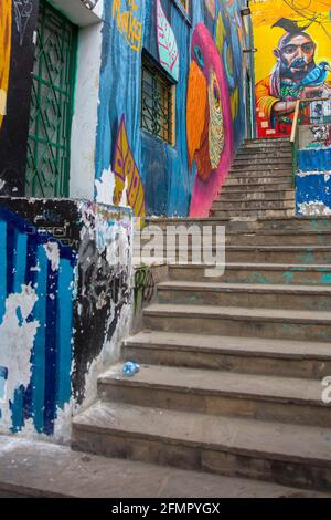 LIMA, PERU - 29. DEZEMBER 2017: Street Art in Barranco, Lima. Dieser Stadtteil gilt als der romantischste und böhmische Stadtteil der Stadt. Stockfoto