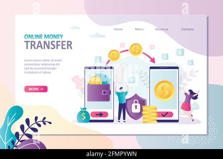 Vorlage für die Landing Page für Online-Geldtransfers. Elektronische Geldbörsen auf Smartphone-Bildschirmen. Internet-Banking, Finanztechnologie. Sichere Übertragung. Peop Stock Vektor