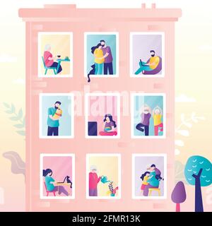 Authentisches Stadtgebäude. Verschiedene Familien in Fenstern. Die Menschen bleiben zu Hause. Urban View, Konzept für den Wochenendtag. Verschiedene Leute im trendigen Stil. F Stock Vektor