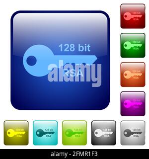 128-Bit-rsa-Verschlüsselungssymbole in abgerundeter quadratischer Farbe, glänzend Tasteneinstellung Stock Vektor