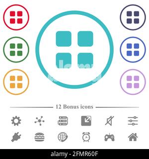 Flache Farbsymbole der Rasterschaltfläche in kreisförmigen Umrissen. 12 Bonus-Symbole enthalten. Stock Vektor