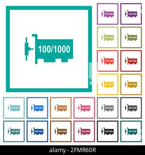 Flache Farbsymbole für Gigabit-ethernet-Netzwerk-Controller mit Quadranten-Rahmen Auf weißem Hintergrund Stock Vektor