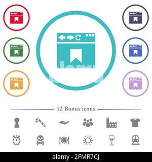 Browser-Lesezeichen flache Farbsymbole in kreisförmigen Umrissen. 12 Bonus-Symbole enthalten. Stock Vektor