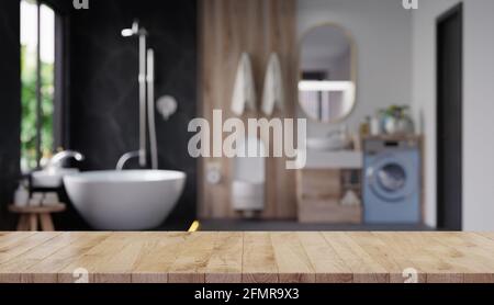 Holztischplatte auf Blur Bad, leere Tischplatte für Produktdisplay Mit verschwommenem Badezimmer, 3d-Rendering Stockfoto