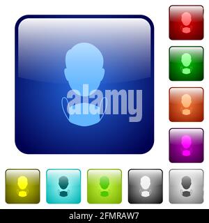 Symbole für Gesicht und medizinische Maske in abgerundeter quadratischer Farbe, glänzend Tasteneinstellung Stock Vektor