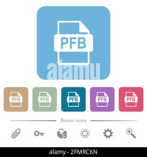 PFB-Dateiformat weiße flache Symbole auf farbigen abgerundeten quadratischen Hintergründen. 6 Bonus-Symbole enthalten Stock Vektor