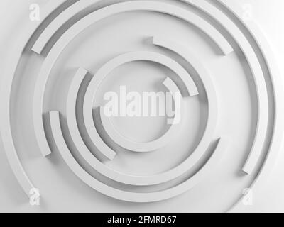 Abstrakter weißer Hintergrund mit konzentrischen Kreisen Sektoren, minimale Installation, Draufsicht, 3d Rendering Illustration Stockfoto