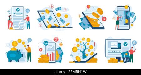 Online-Banking. Finanzmanagement über Telefon oder Laptop. Internet-Zahlung, Geldtransaktion, Finanzwachstum, Bankeinlagenkonzept Vektorset. Geld sparen und investieren, Nutzung von Kreditkarten Stock Vektor