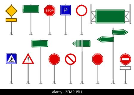 Verkehrszeichen. Straße und Straße Beschilderung, Vorsicht und Sicherheit, Auto Geschwindigkeit Grenze Autobahn Symbole Vektor isoliert gesetzt. Richtung Metallschilder auf Pfosten für Stadt-, Stadtverkehr. Hinweise zum Fahren Stock Vektor