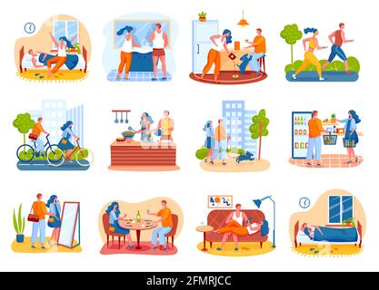 Tägliche Routine koppeln. Gemeinsam kochen, joggen, auf Date gehen, romantisches Abendessen. Alltag von Mann und Frau in Beziehung Vektor gesetzt. Figuren, die mit Hund spazieren und im Supermarkt einkaufen Stock Vektor