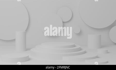 Weiße 3D-Darstellung einer Plattform und dekorativer Elemente. Stockfoto