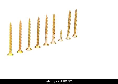 Nahaufnahme von Metallschrauben, die nach einer Schraube angeordnet sind, kürzer als die anderen, in Weiß isoliert Stockfoto