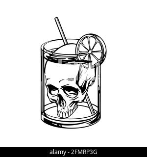 Tödlicher Cocktail mit Totenkopf im Glas - linearer Stil. Vektorgrafik. Stock Vektor