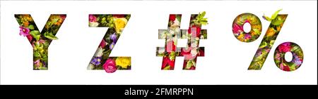 Blumenbuchstaben. Die Buchstaben Y,Z sind aus bunten Blumenfotos gemacht. Eine Sammlung wunderbarer Flora-Buchstaben