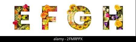 Blumenbuchstaben. Die Buchstaben E, F, G, H sind aus bunten Blumenfotos gemacht. Eine Sammlung wunderbarer Flora-Buchstaben