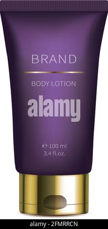 Nachtkosmetik-Körperlotion oder -Serum für die Gesichtspflege, realistischer Vektor. Purpurnes Kunststoffrohr mit revitalisierendem Produkt, isoliert auf weißem Hintergrund. Markendesign für luxuriöse Premium-Smart-Kosmetik Stock Vektor