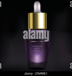 Nachtkosmetikserum für die Gesichtspflege, realistischer Vektor. Violette Glasflasche mit Pipette und belebenden Produkt, isoliert auf schwarzem Hintergrund. Markendesign für Premium-Kosmetik, Anti-Age-Serum Stock Vektor
