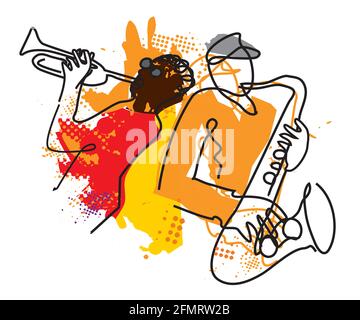 Jazz-Thema mit Trompeter und Saxophonist. Expressive Illustration von zwei Jazzmusikern, durchgehende Linienzeichnung. Vektor verfügbar. Stock Vektor