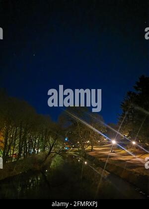 Szczecin, Polen - Park Kasprowicza bei Nacht, sternenklare Nacht, nächtliche Spaziergänge, Bäume und Äste Stockfoto