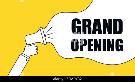 Riesiges Megaphon mit großer Sprechblase zur Eröffnung. Lautsprecher. Banner für Unternehmen, Marketing. Vektorgrafik. Stock Vektor