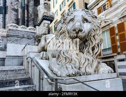 Venezianische Löwenstatue neben der Kathedrale San Lorenzo in Genua Italien Stockfoto