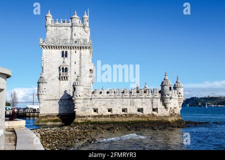 Lissabon, Portugal - 19. März 2016: Turm des Belem-Denkmals, ein Beispiel der manuelinischen Architektur in Belem, Portugal Stockfoto