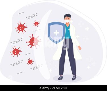 Kampf und Schutz Coronavirus Konzept. Medizinisches Personal bekämpft Schutzschild gegen Pandemie. Vektorgrafik Stock Vektor