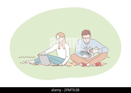 Picknick, Entspannen, Ausruhen im Park mit Buch- und Laptop-Konzept Stock Vektor