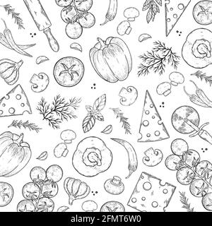 Vektorhintergrund mit Käse, Tomaten, Pfeffer, Thymian, Basilikum, Knoblauch, Pilze, Zwiebeln. Stock Vektor