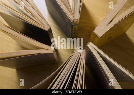 Bild von Büchern lesen, die einen Kreis um ihre bilden Dornen von oben gesehen Stockfoto