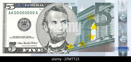 Bill of former U.S. President. Abraham Lincoln fünf-Dollar-Schein kombiniert mit fünf Euro Stockfoto