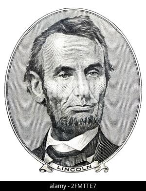 Porträt des ehemaligen US-Präsidenten Abraham Lincoln, als er auf der Vorderseite des fünf-Dollar-Gesetzes sieht Stockfoto