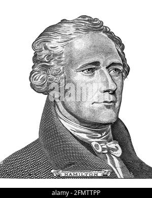 „Alexander Hamilton“-Gesicht auf der 10- oder 10-Dollar-Rechnung Makro-geldaufnahme der vereinigten Staaten auf weißem Hintergrund Stockfoto