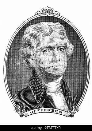 Porträt des ehemaligen US-Präsidenten Thomas Jefferson als er schaut auf zwei Dollar Bill Vorderseite. Clipping-Pfad im Inneren. Stockfoto