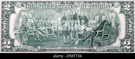 Reproduktion der Arbeit die Unabhängigkeitserklärung von John Trumbull. Rückseite von zwei US-Dollar-Rechnung. Stockfoto