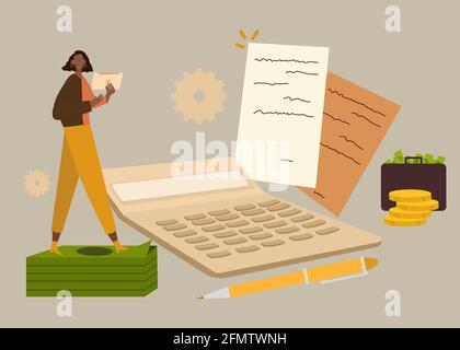 Konzept der finanziellen Bewertung Frauen stehen auf Geld, halten Tablets herum Taschenrechner Notizen Münzkoffer mit Cartoon flachen Stil Stock Vektor