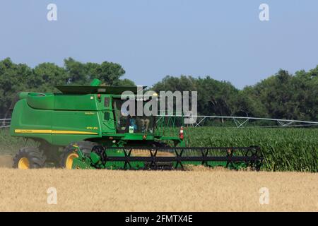 John Deere kombiniert auf einem landwirtschaftlichen Feld in Kansas Schneidweizen mit Weizenstaub in der Luft. Stockfoto