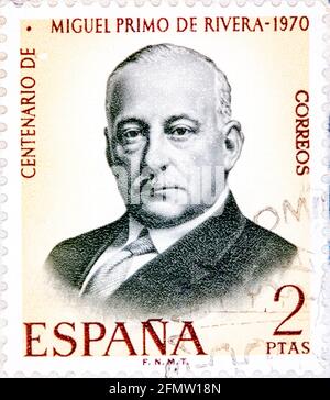 SPANIEN - UM 1970: Eine in Spanien gedruckte Briefmarke der Ausgabe 'Centenary Primo de Rivera', die Miguel Primo de Rivera gewidmet ist, um 1970. Stockfoto