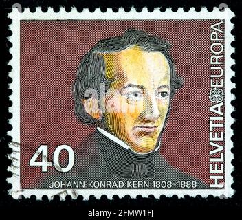 Schweiz - um 1980: In der Schweiz gedruckte Briefmarke zeigt Johann Konrad Kern (1808-1888), Schweizer Staatsmann, Diplomat, Mitautor der Verfassung von S Stockfoto