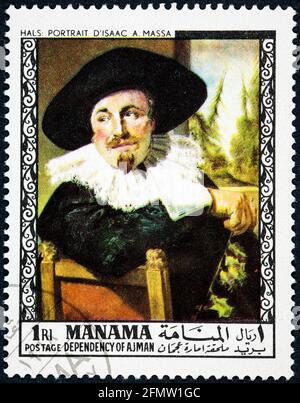 MANAMA - UM 1972: Eine in Manama gedruckte Briefmarke zeigt das Porträt von Isaak Abrahamsz Massa von Frans Hals Stockfoto