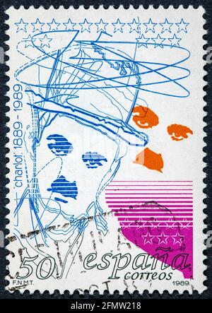 SPANIEN - UM 1989: Briefmarke gedruckt von Spanien zu 100 Jahren nach der Geburt von Charles Chaplin um 1989. Stockfoto