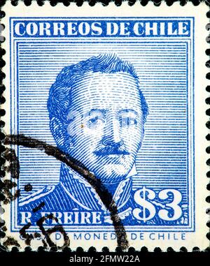 Chile - um 1956: Abgesagte Briefmarke gedruckt von Chile, zeigt Ramon Freire Serrano, Militärmann und chilenischer Anführer, aus der Serie historischer c Stockfoto