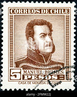 CHILE - UM 1956: Eine in Chile gedruckte Briefmarke zeigt Manuel Bulnes Prieto, 5. Präsident Chiles, 1841 - 1851, um 1956 Stockfoto