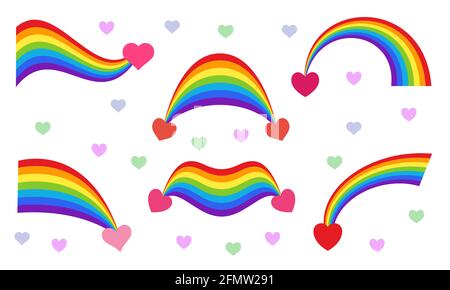 Regenbögen vektorisieren flache Symbole isoliert auf weißem Hintergrund mit rosa und roten Herzen. Stolz, lgbt-Style. Unterschiedliche Formen. Welle, Hälfte und Teil der Form.Wetterelement Stock Vektor