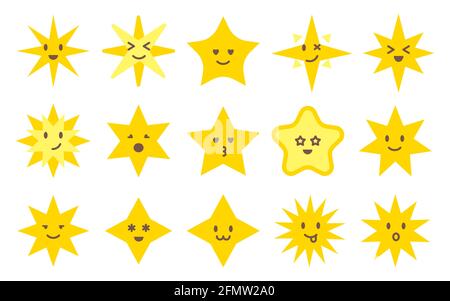 Bunte Cartoon Emotionen Sterne Vektor flach mit freundlichen und niedlichen Gesichtern.Dekorieren eines Kinderzimmers, Geschirr, Bettwäsche. Helle Sternaufkleber. Etikett. Gelbe und orangefarbene Figur mit Ecken Stock Vektor