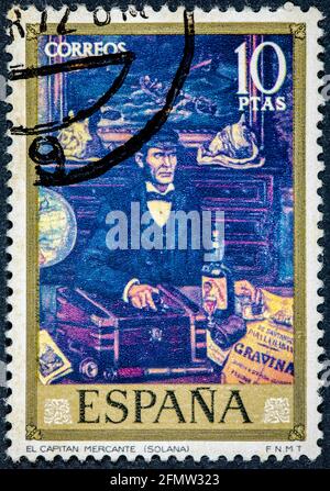 SPANIEN - UM 1972: Briefmarke gedruckt von Spanien, zeigt Bild des Handelshauptmanns gemalt von Solana Stockfoto