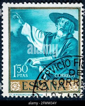 SPANIEN - UM 1962: Die von Spanien gedruckte Briefmarke zeigt das Bild des Heiligen Jeronimo von Zurbaran Stockfoto