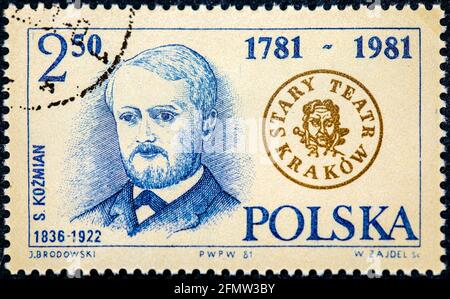 Polen - um 1981: Die in Polen gedruckte Briefmarke zum 200-jährigen Jubiläum des Alten Theaters in Krakau zeigt das polnische Schriftstellentheater d Stockfoto